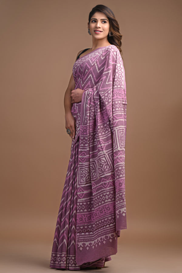 Mud Print Pink Cotton Mulmul Sarees