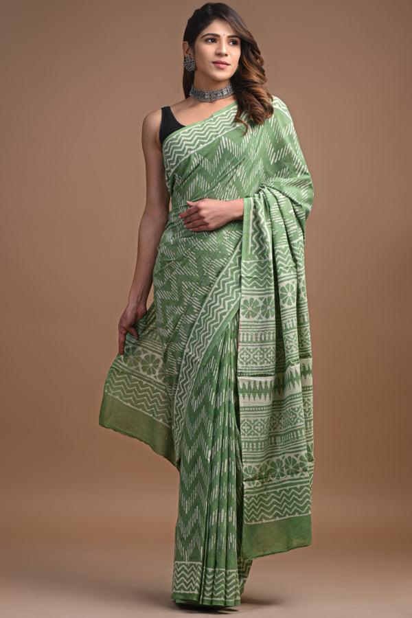 Green Dicharge Cotton Mulmul Saree