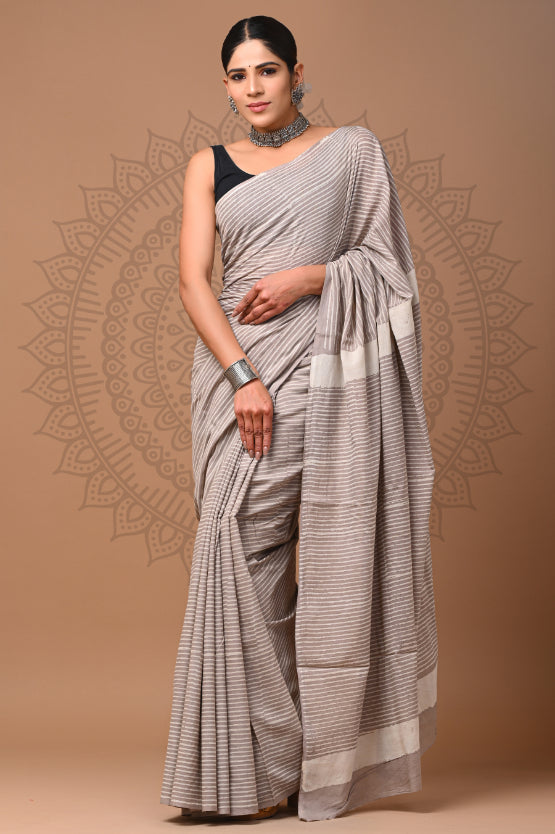 Gray Stripes Cotton Saree