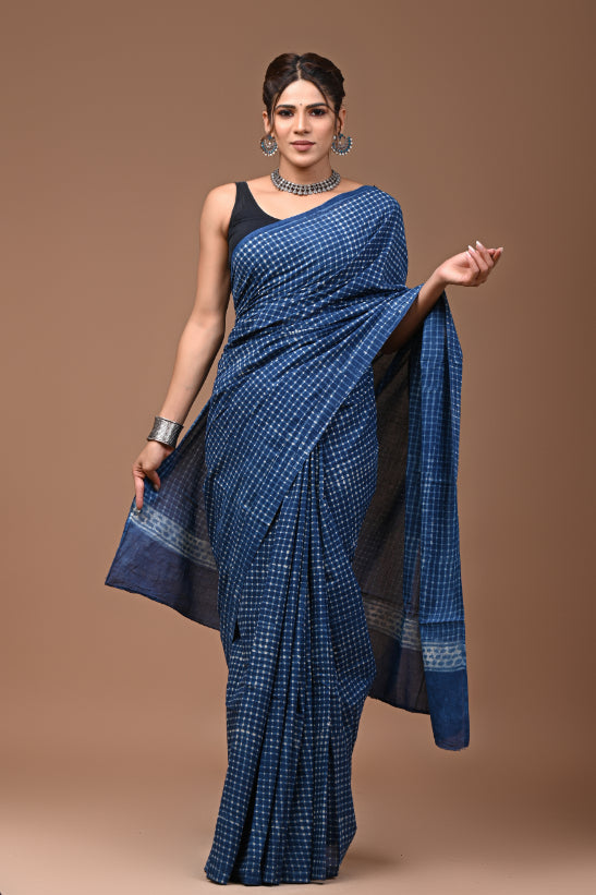 Blue Checks Print Cotton Saree