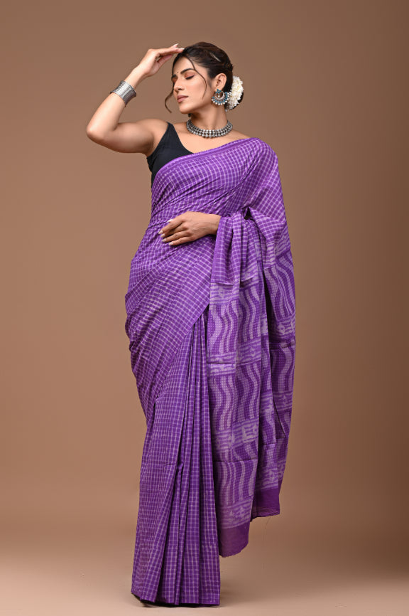 Purple Checks Cotton Saree