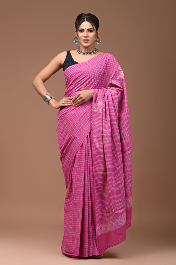 Pink Check Cotton Saree