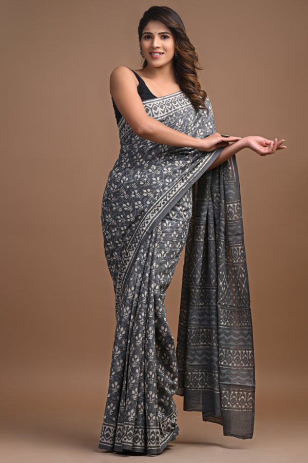 Kashish Dabu Grey Cotton Mulmul Saree