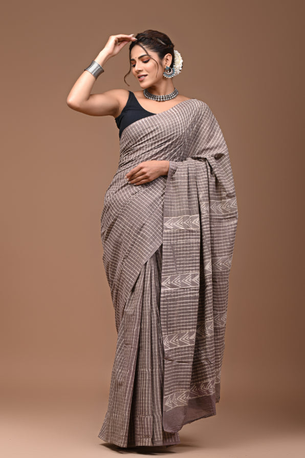 Gray Check Cotton Saree