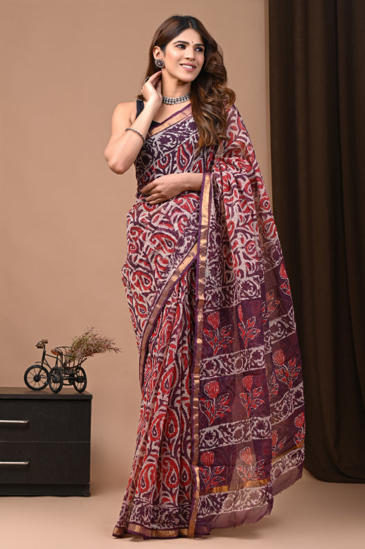 Traditional Hand Block Bagru Print Kota Doriya Saree