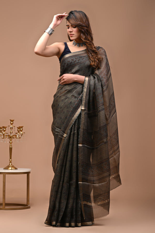 Kota Silk: Pure Silk Kota Block Print Saree