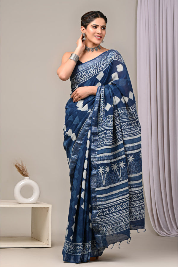 Elegant linen saree with intricate designs