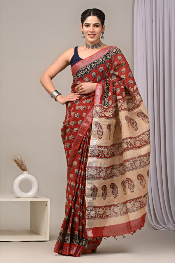 Stylish linen saree with chic block prints