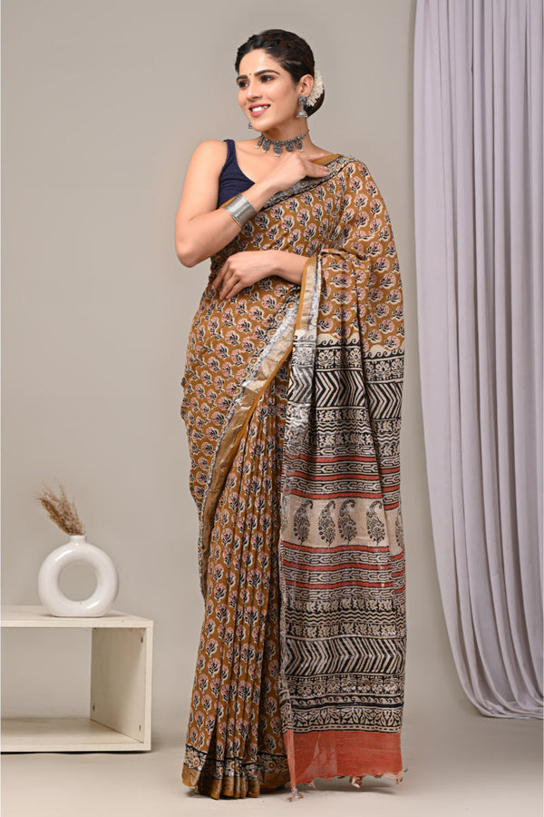 Hand block printed linen saree with traditional artistry