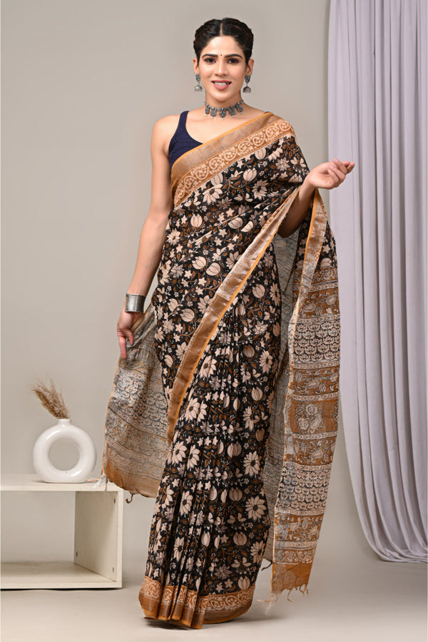 Contemporary block printed linen saree with tradition