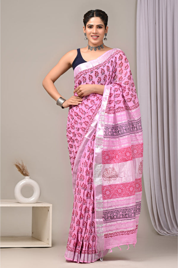 Feminine linen saree with floral block prints