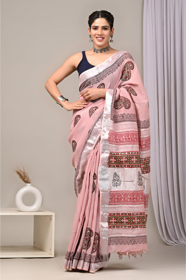 Handmade linen saree with intricate block designs