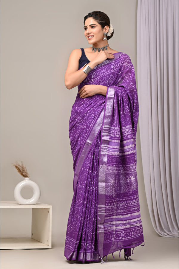 Statement hand block printed saree with motifs