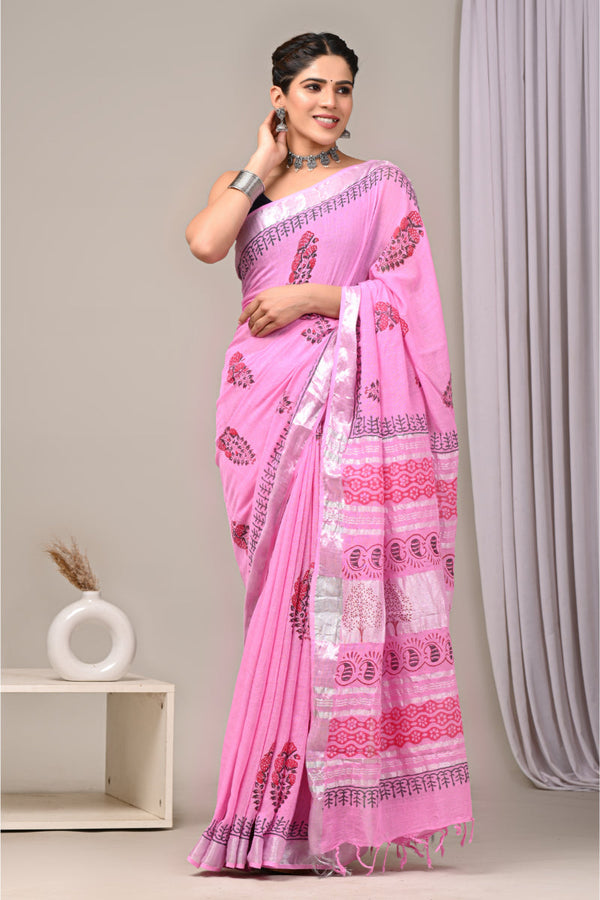 Geometric flair linen saree with block prints