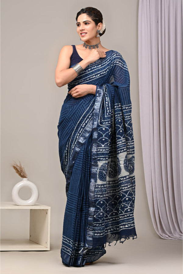 Sophisticated linen saree with exquisite block prints