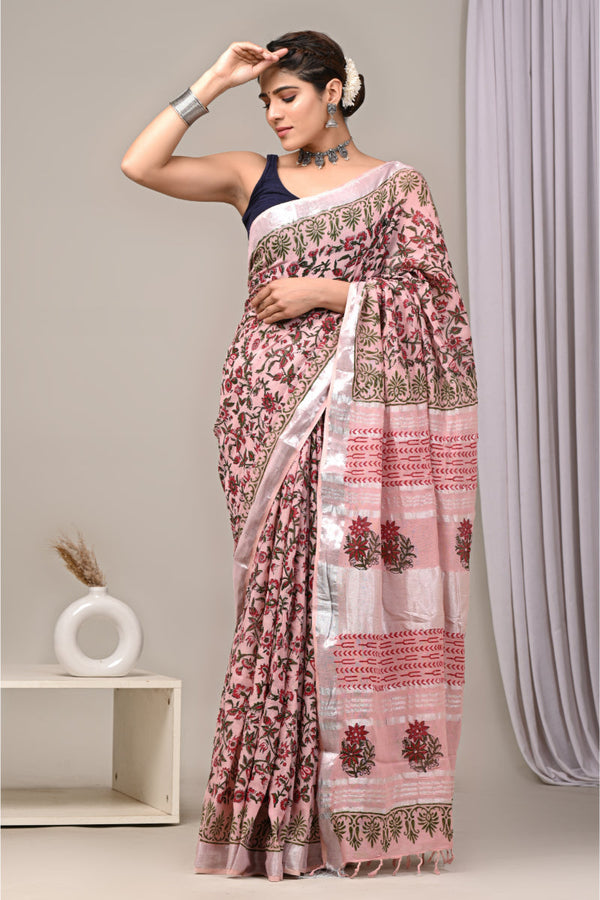 Elegant border block printed linen saree