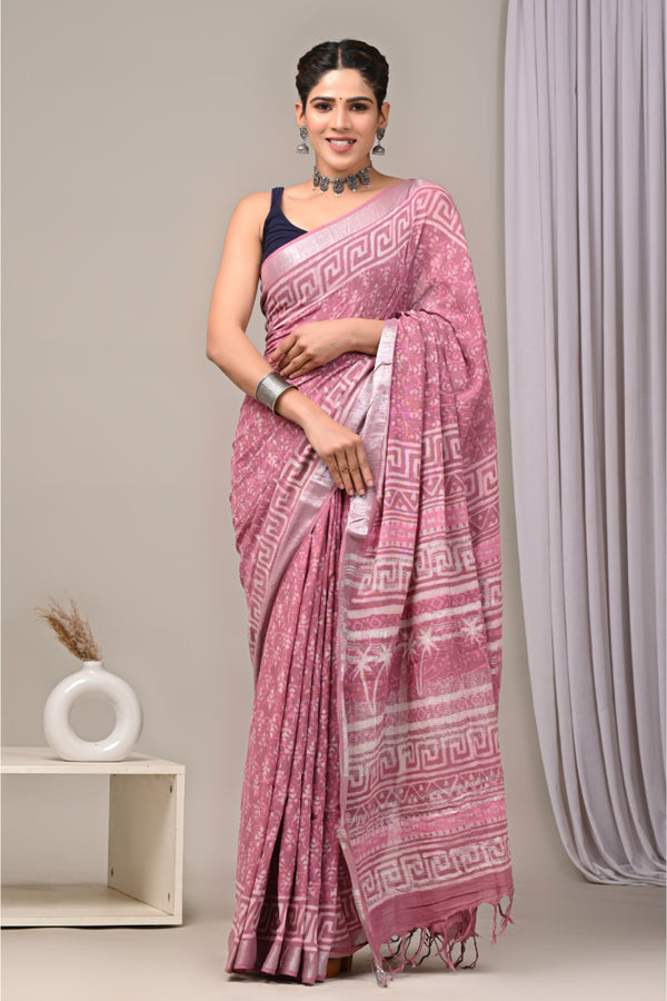 Traditional block printed linen sarees