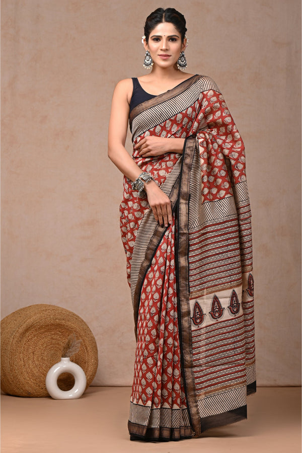 Timeless Floral Beauty of Hand Block Printed Maheshwari Silk Sari