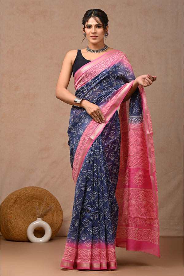 Hand Block Printed Maheshwari Silk Sari with Floral Elegance