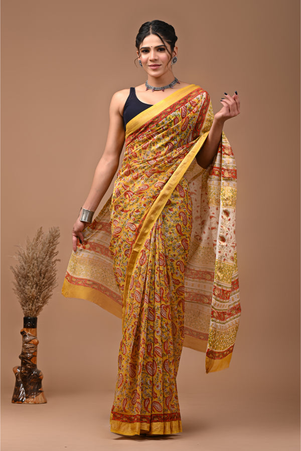 Yellow and Orange Printed Maheshwari Silk Saree