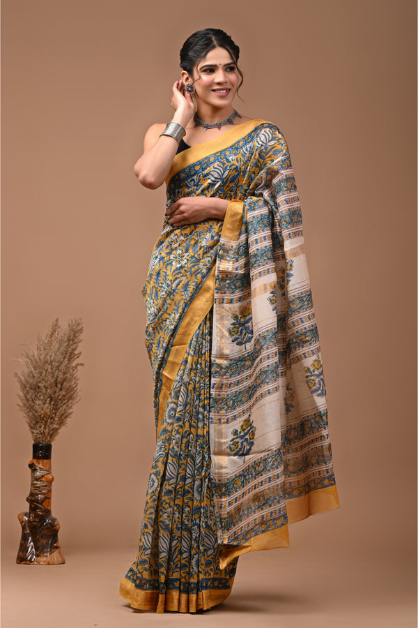 Hand block Printed Maheshwari Silk Saree