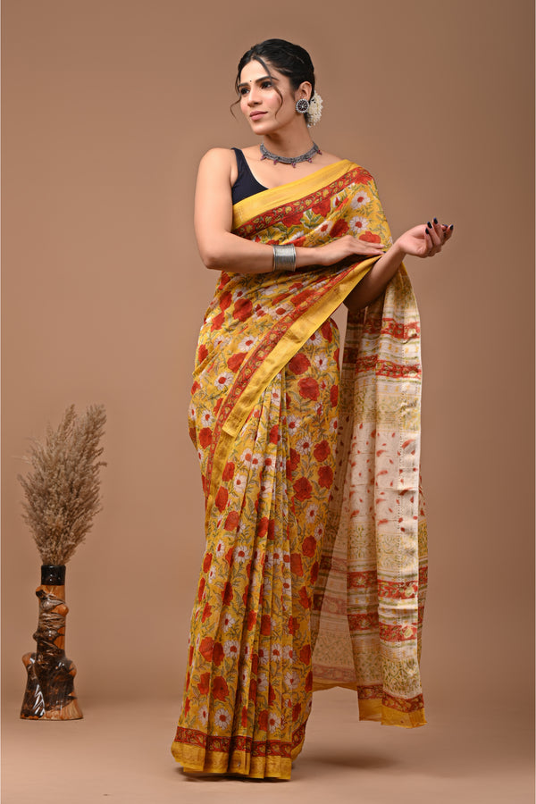 Yellow Floral Hand block Print Maheshwari Silk Sari