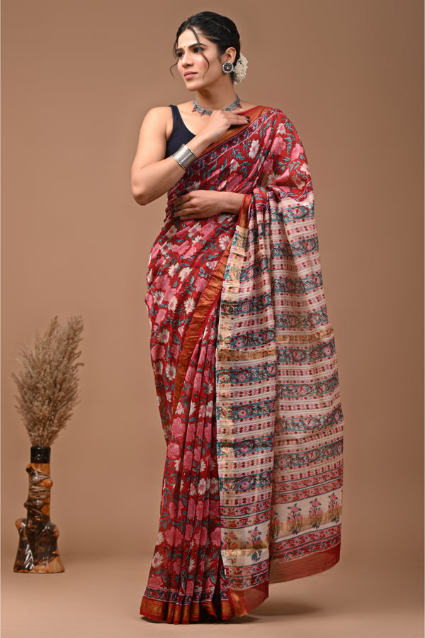 Red Floral Maheshwari Silk Saree