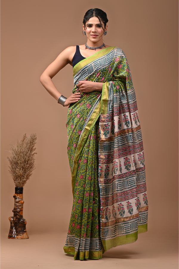 Green Floral Maheshwari Silk Saree