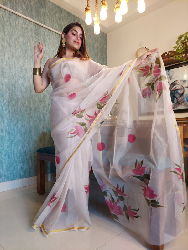 Pure Organza Silk Saree: Hand Painted Marvel