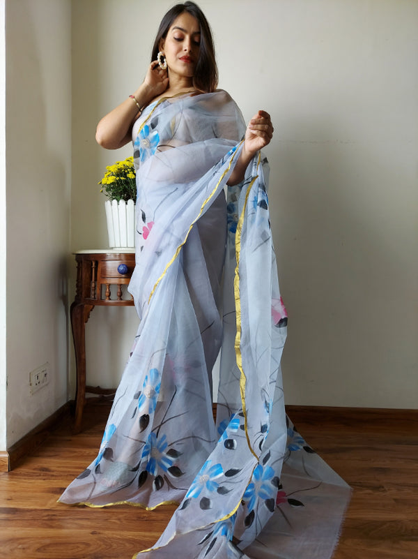 Pure Organza Silk Saree: Hand Painted Delight