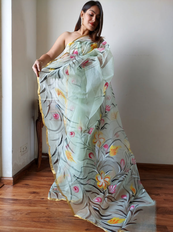 Organza Hand Painted Saree: Artistic Party Ensemble