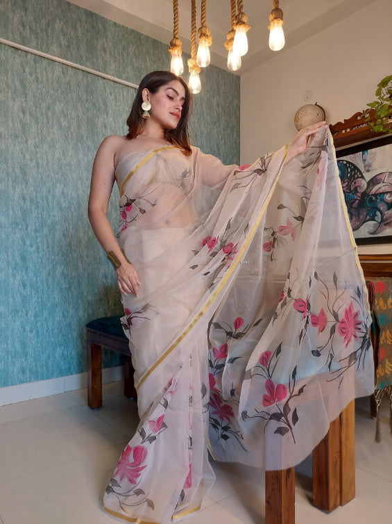 Hand Painted Organza Saree: Floral Elegance