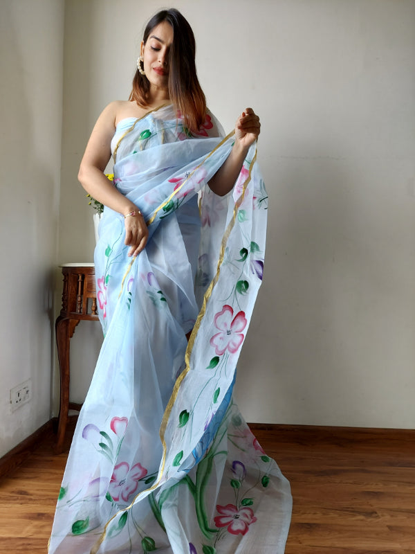 Designer Party Wear Organza Saree: Hand Painted Beauty