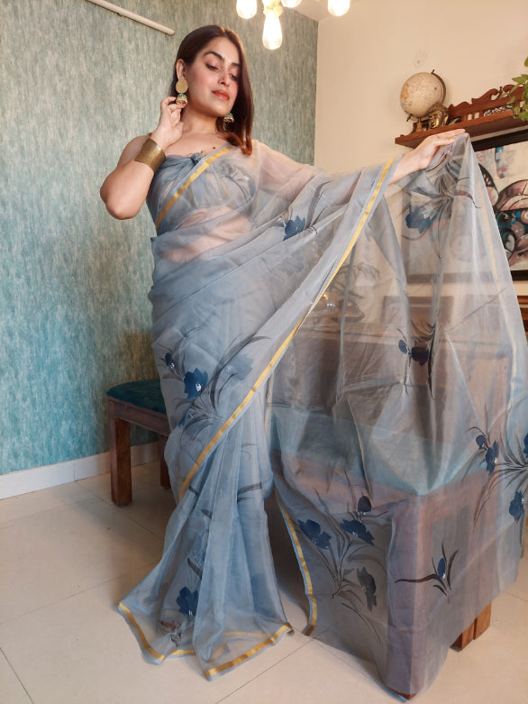 Hand Painted Organza Silk Saree: Party Perfection