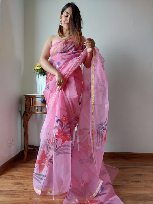 Organza Saree Party Wear: Hand Painted Splendor