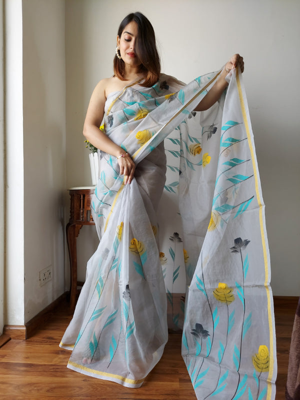 Organza Party Wear Saree: Hand Painted Chic