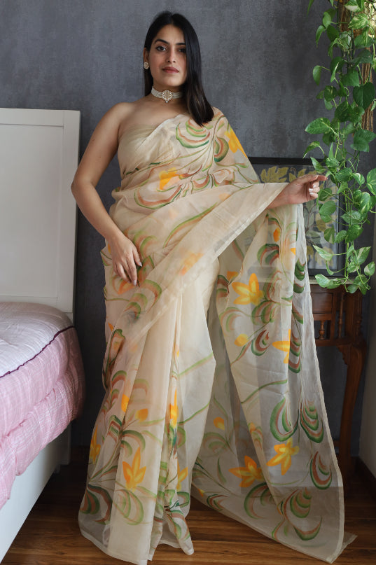 Hand Painted Floral Organza Saree: Party Statement