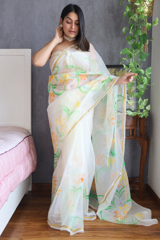 Organza Saree Party Wear Tanviya: Hand Painted Glamour