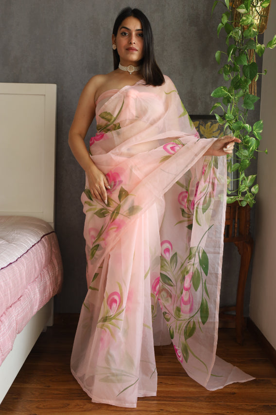 Party Wear Organza Silk Saree: Hand Painted Radiance