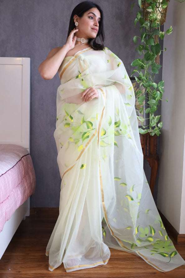 Yellow Pure Organza Silk Saree: Hand Painted Sunshine