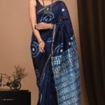 Navy Blue Shibori Tie-Dye Chanderi Silk Saree with Golden Zari Border