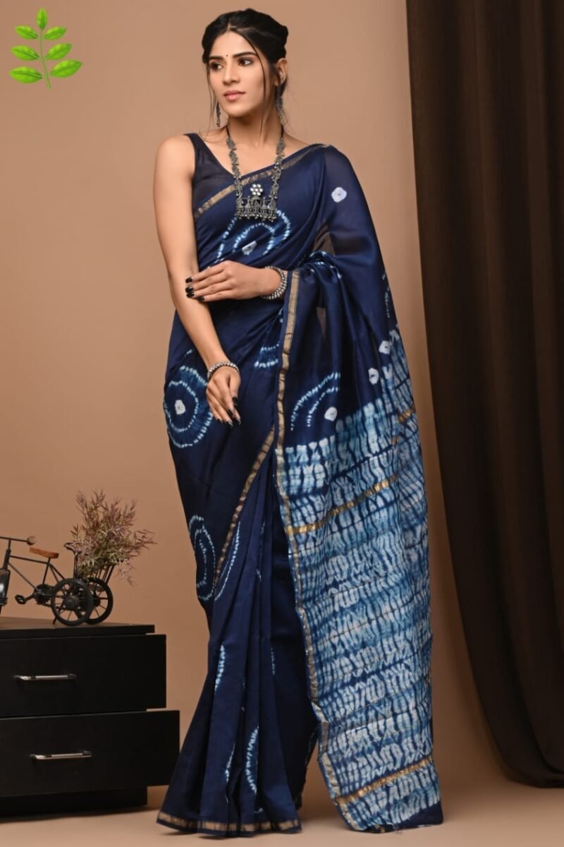 Navy Blue Shibori Tie-Dye Chanderi Silk Saree with Golden Zari Border