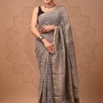 Dabu Brown Striped Chanderi Silk Saree Traditional Dabu Print