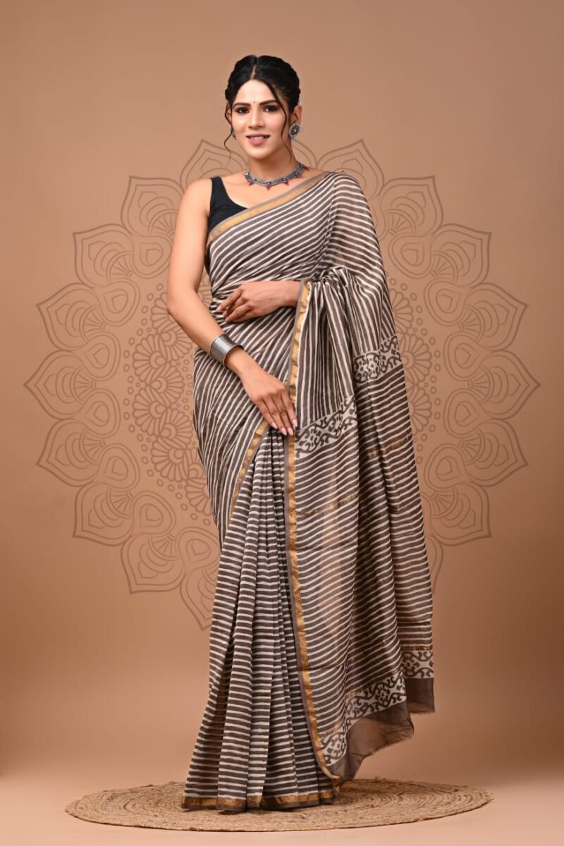 Dabu Brown Striped Chanderi Silk Saree Traditional Dabu Print