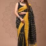 Black and Yellow Tie-Dye Chanderi Silk Saree with Striped Pattern