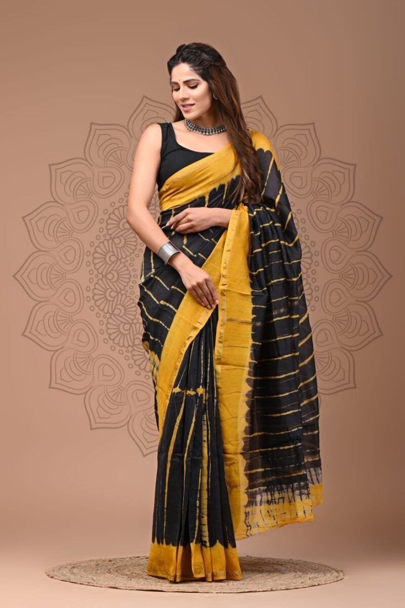 Black and Yellow Tie-Dye Chanderi Silk Saree with Striped Pattern
