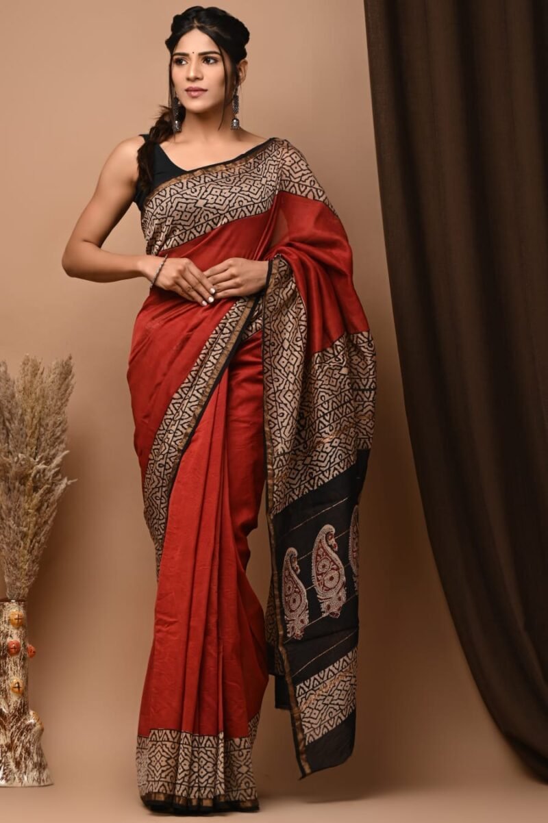 Red Hand Block Motif Chanderi Silk Saree with Traditional Paisley Pallu