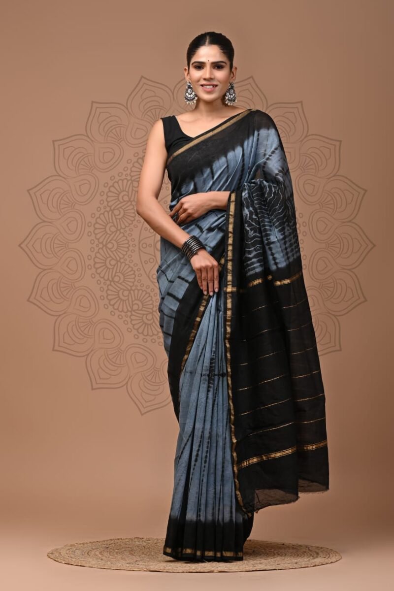 Grey to Black Ombre Chanderi Silk Saree with Golden Zari Border