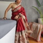 Deep Red Chanderi Silk Saree with Bengi Floral Block Prints