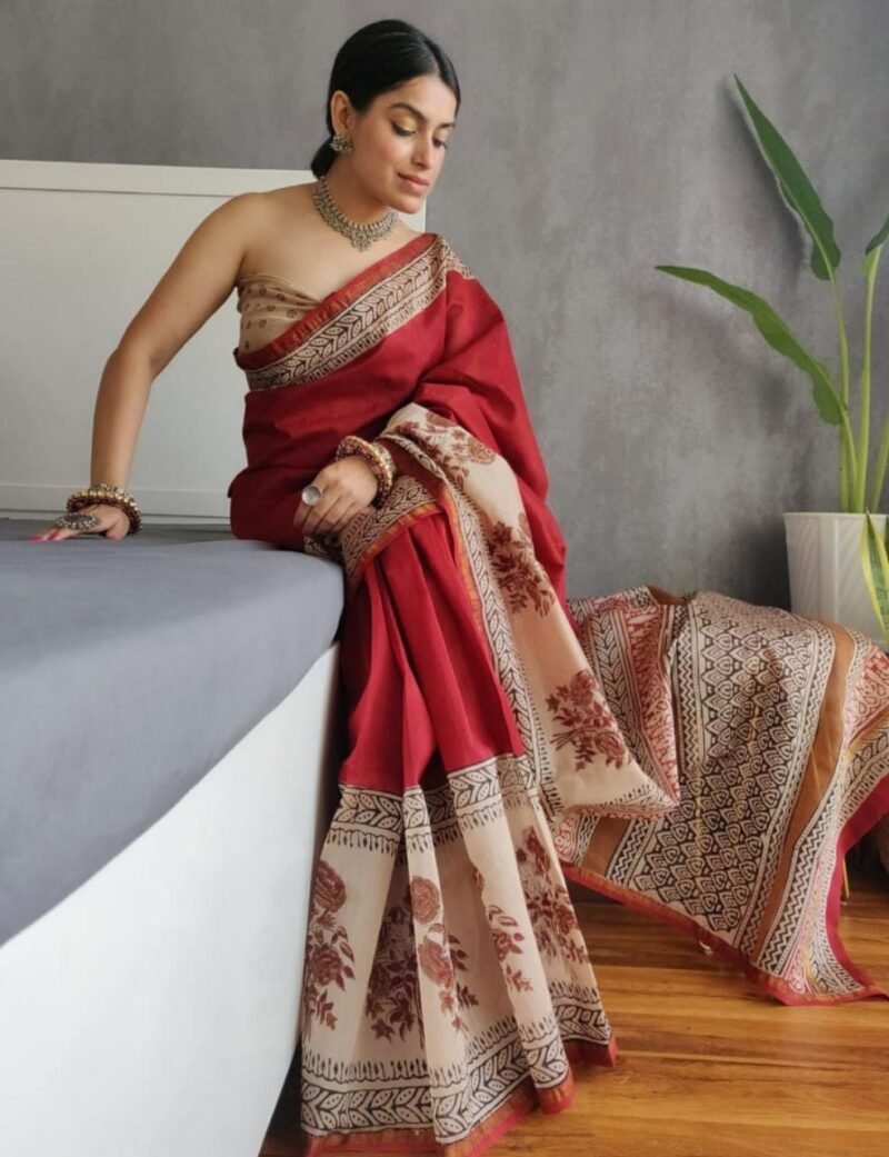 Deep Red Chanderi Silk Saree with Bengi Floral Block Prints